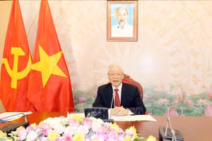 Tổng Bí thư, Chủ tịch nước Nguyễn Phú Trọng điện đàm trực tiếp với Tổng Bí thư, Chủ tịch nước Trung Quốc Tập Cận Bình. Ảnh: Trí Dũng/TTXVN