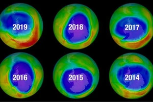 Hình ảnh lỗ thủng của tầng Ozone được thu nhỏ lại theo từng năm (Nguồn: NASA).