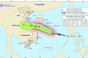 Bão số 5 giật cấp 13 đang tiến gần vùng ven biển các tỉnh Quảng Bình - Quảng Trị. (Nguồn: TTDBKTTVQG)