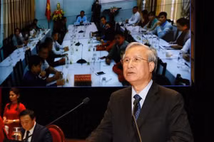 Thường trực Ban Bí thư Trung ương Đảng Trần Quốc Vượng phát biểu tại hội thảo. Ảnh: TTXVN