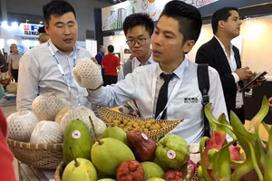 Nhiều doanh nghiệp cho rằng việc liên tục thay đổi quy định về ghi nhãn hàng hóa gây tốn kém, mệt mỏi. Trong ảnh: Khách nước ngoài tìm hiểu trái cây xuất khẩu Việt Nam. Ảnh: QUANG HUY