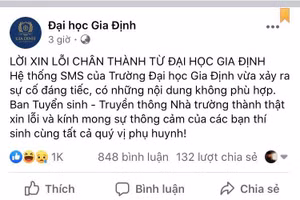 Trường ĐH Gia Định đã gửi lời xin lỗi đến thí sinh trên fanpage của Nhà trường