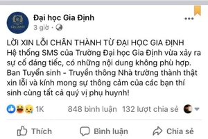 Trường ĐH Gia Định đã gửi lời xin lỗi đến thí sinh trên fanpage của Nhà trường