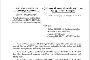 Công văn 2231 của Sở GD&ĐT tỉnh Ninh Thuận nêu rõ việc sử dụng ngôn ngữ lập trình Scratch hoặc Python cho dạy học môn Tin học lớp 8.