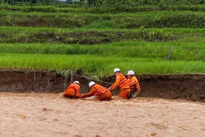 Cán bộ Điện lực Mường Nhé vượt lũ khắc phục sự cố mất điện.