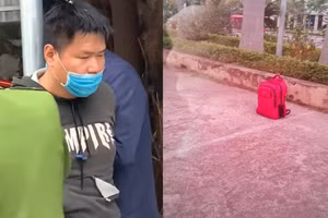 Trần Quang Minh cùng chiếc ba lô đối tượng mang theo để phục vụ mục đích cướp ngân hàng.