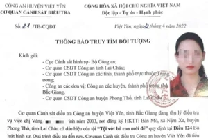 Thông báo truy tìm Vàng T.T. của cơ quan công an.