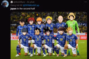 Một người hâm mộ đã chế bức ảnh đội hình ra sân của ĐT Nhật Bản ngày hôm nay chính là những nhân vật anime có sức mạnh vô song. 