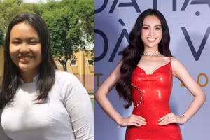 Á hậu Huỳnh Phạm Thuỷ Tiên thời chưa giảm cân và vẻ đẹp tự tin, trong sáng hiện tại.