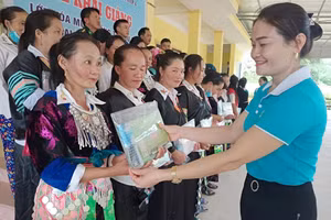 Hội Liên hiệp phụ nữ huyện Quế Phong (Nghệ An) trao sách vở, tài liệu học tập cho học viên lớp xóa mù chữ. (Ảnh: NVCC)