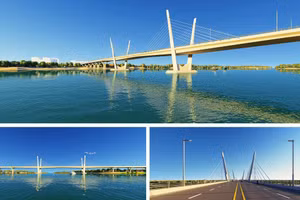 : Phối cảnh kiến trúc cầu Thạch Hãn 1 - một công trình thuộc dự án Đường ven biển kết nối hành lang kinh tế Đông Tây tỉnh Quảng Trị.