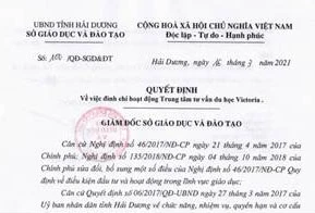 Quyết định đình về việc đình chỉ hoạt động Trung tâm Tư vấn du học Victoria của Sở GD&ĐT Hả Dương.