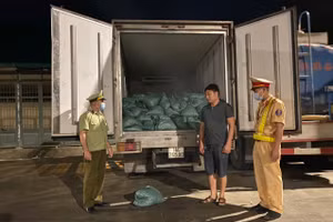 Tài xế điều khiển xe tải chở 4500kg chân gà bốc mùi hôi thối bị lực lượng chức năng kiểm tra phát hiện.