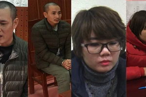 Các đối tượng: Ngô Văn Quang, Vũ Văn Thành, Hoàng Thu Nguyệt và Triệu Thị Quỳnh (từ trái qua phải) tại cơ quan điều tra.