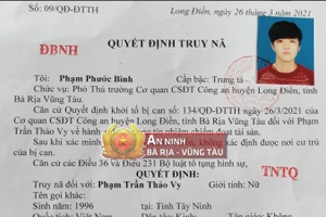 Cơ quan chức năng truy nã Phạm Trần Thảo Vy. Ảnh: Công an Bà Rịa - Vũng Tàu.