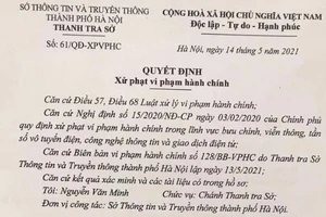 Quyết định của Sở Thông tin và Truyền thông Hà Nội về việc xử phạt Công ty TNHH Hướng tới Minh bạch.