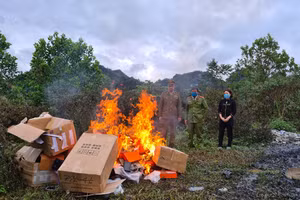Cơ quan chức năng tiến hành thiêu hủy lô hàng giả thương hiệu nổi tiếng.
