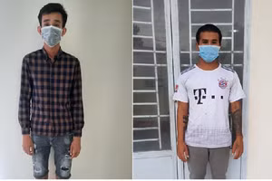 Đối tượng Trương Văn Nguyên (trái) và Nguyễn Thanh Sơn tại cơ quan chức năng. Ảnh: Công an Đồng Tháp.