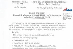 Thông báo tìm người đi trên xe khách chở trường hợp F1 của Sở Y tế tỉnh Yên Bái.