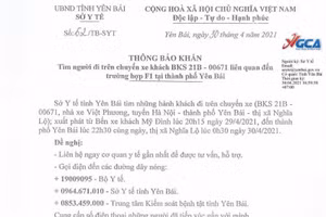 Thông báo tìm người đi trên xe khách chở trường hợp F1 của Sở Y tế tỉnh Yên Bái.