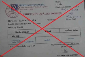 Một phiếu kết quả xét nghiệm Covid-19 giả bị cơ quan chức năng phát hiện. Ảnh: Công an Đồng Tháp.