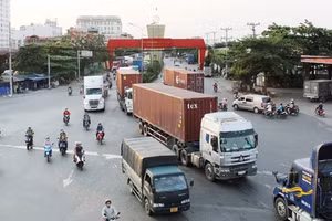 Nhiều xe tải lớn hoạt động trong nội đô thành phố Bình Dương.
