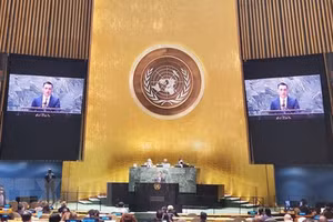 Đại sứ, Trưởng Phái đoàn thường trực Việt Nam tại LHQ Đặng Hoàng Giang phát biểu tại phiên họp. (Nguồn: TTXVN)