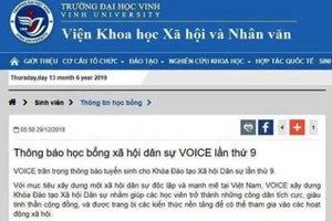 Học bổng xã hội dân sự Voice lần thứ 9 được đăng tải trên websit của Viện KHXH&NV - Trường ĐH Vinh từ tháng 12/2018