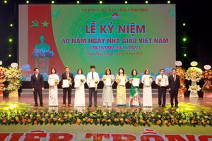 Giám đốc Sở GD&ĐT Vĩnh Phúc (ngoài cùng bìa trái) khen thưởng các giáo viên tiêu biểu của năm. Ảnh minh họa cho bài viết.