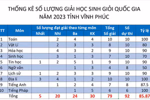 Thống kế số lượng giải HSG quốc gia của Vĩnh Phúc