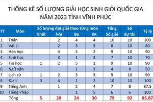 Thống kế số lượng giải HSG quốc gia của Vĩnh Phúc