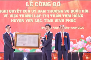 Phó Chủ tịch UBND tỉnh Vĩnh Phúc Nguyễn Văn Khước trao Quyết định về việc đổi tên các thôn thành tổ dân phố tại thị trấn Tam Hồng. Ảnh: Trà Hương