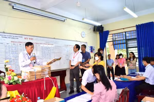 Thứ trưởng Hoàng Minh Sơn cùng đoàn công tác kiểm tra việc tổ chức phân phối và tiếp nhận đề thi giữa Hội đồng thi đến giáo viên.