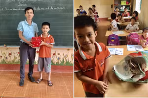 Em Phan Vũ Bình Minh, học sinh lớp 3B trường Tiểu học Động Đạt I, huyện Phú Lương (Thái Nguyên) mổ lợn tiết kiệm ủng hộ miền Trung.