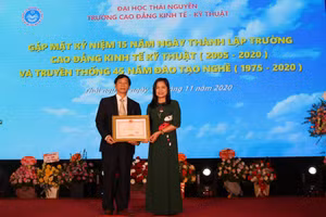 Đồng chí Lưu Thị Bích Đào, Trưởng ban Thi đua khen thưởng tỉnh Thái Nguyên tặng Bằng khen của UBND tỉnh cho nhà trường.