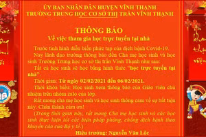 Thông báo nghỉ học của Trường THCS TT Vĩnh Thạnh (ảnh trường cung cấp). 