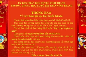 Thông báo nghỉ học của Trường THCS TT Vĩnh Thạnh (ảnh trường cung cấp). 