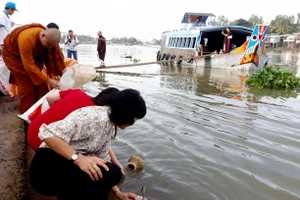 Hình ảnh đại biểu thả cá tái tạo nguồn lợi thủy sản tại Vàm Sở Thượng (Đồng Tháp).