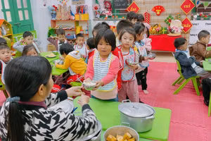 Trẻ trong giờ ăn trưa tại Trường Mầm non Hải trung, Hải Hậu, Nam Định. 