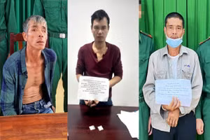 Các Đối tượng Nguyễn Ngọc Cơ (ngoài cùng bên trái), Nguyễn Công Quang (ở giữa) và Nguyễn An Phú (ngoài cùng bên phải) bị bắt giữ.