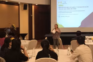 Bà Kaye Eldridge, Giám đốc Aus4Skills phát biểu tại Tọa đàm “Biến đổi khí hậu và tài nguyên nước Sông Mê Công”