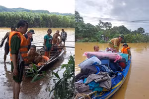 Lực lượng Công an Nghệ An sơ tán dân ở vùng ngập sâu.