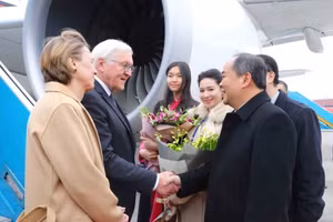 Chủ nhiệm Văn phòng Chủ tịch nước Lê Khánh Hải đón Tổng thống Cộng hòa Liên bang Đức Frank-Walter Steinmeier và Phu nhân tại Sân bay Quốc tế Nội Bài. (Ảnh: An Đăng/TTXVN)