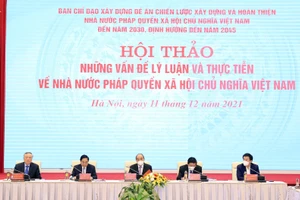 Các đồng chí lãnh đạo Đảng, Nhà nước chủ trì Hội thảo - Ảnh: VGP/Nhật Bắc.