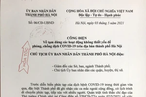 Công điện về tạm dừng các hoạt động không thiết yếu để phòng, chống dịch COVID-19 trê địa bàn thành phố Hà Nội.