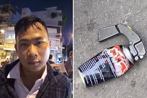 Đối tượng Nguyễn Anh Kiệt cùng bình xịt hơi cay dùng để chống trả khi bị các hiệp sĩ truy đuổi. Ảnh: Công an TP.HCM