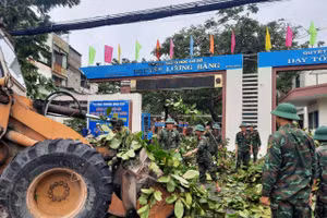 Trường THCS Nguyễn Lương Bằng được đơn vị bộ đội hỗ trợ thu dọn cây xanh đổ sau bão.