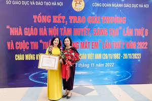 Cô Lâm Thu Huyền (trái) được công nhận danh hiệu "Nhà giáo Hà Nội tâm huyết, sáng tạo" lần thứ 6. 