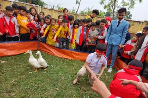 Trò chơi bịt mắt bắt vịt là hoạt động thu hút sự tham gia nhiệt tình và tiếng cười sảng khoái của các em học sinh.