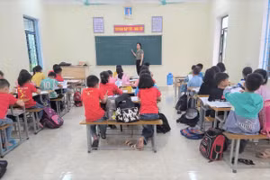 Học sinh Trường Tiểu học Ngọc Sơn (huyện Thanh Chương, Nghệ An) đã đi học đầy đủ sau sáp nhập điểm lẻ Thanh Nam về trường chính. Ảnh: NTCC